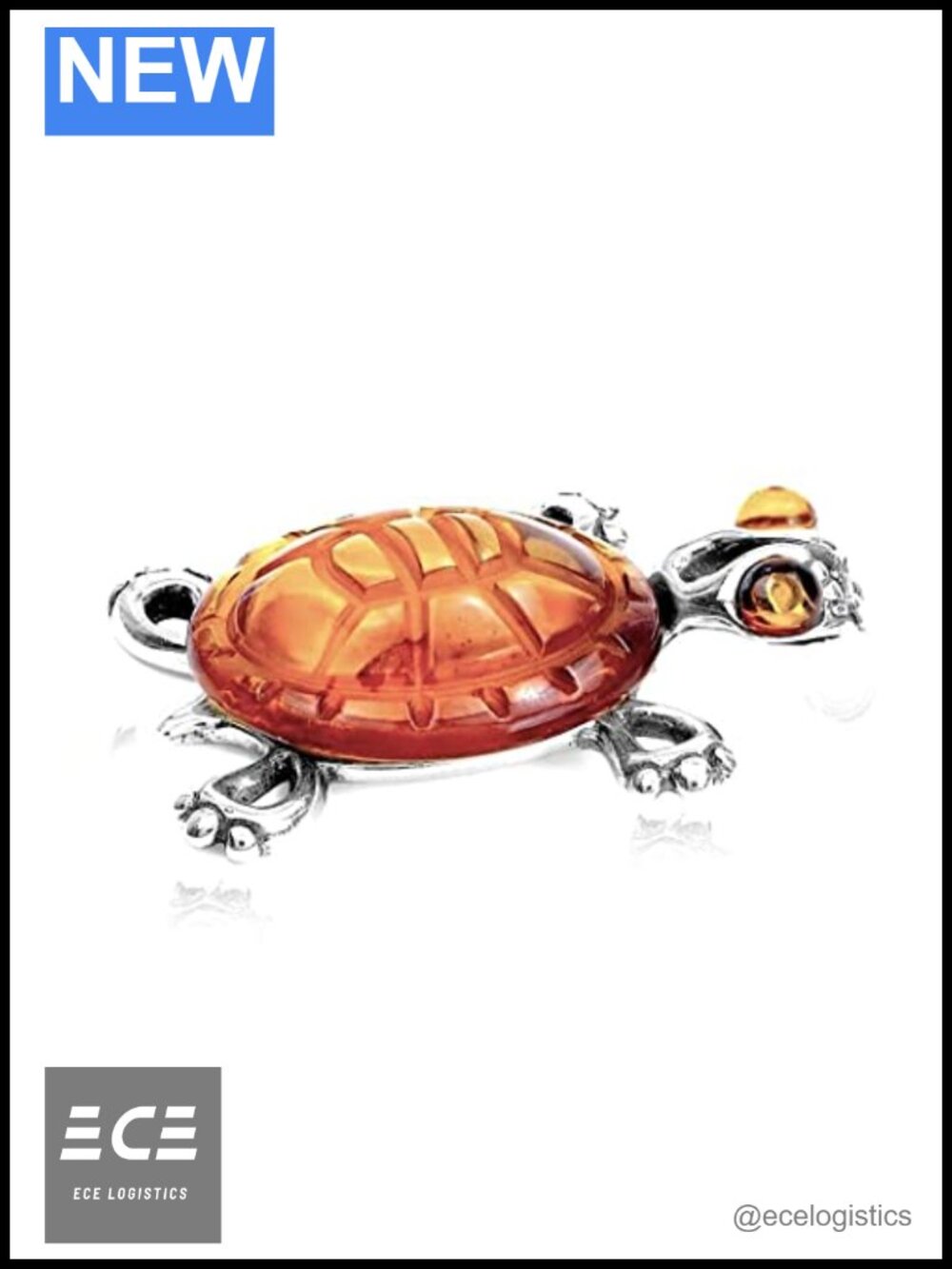 Sterling Silver Amber Turtle Pendant Necklace Art Deco
